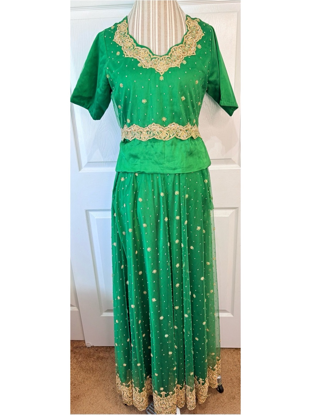 Vintage Green Silk Indian Lehenga choli Zari Wedding Party Top/Skirt M/L